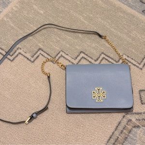Tory Burch pale blue leather + gold hardware cross body/clutch purse